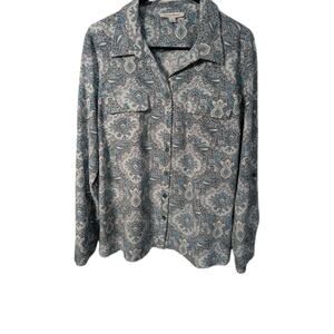 Studio Works Paisley Button Down Shirt Blouse Size Large Blue Long Sleeve Boho